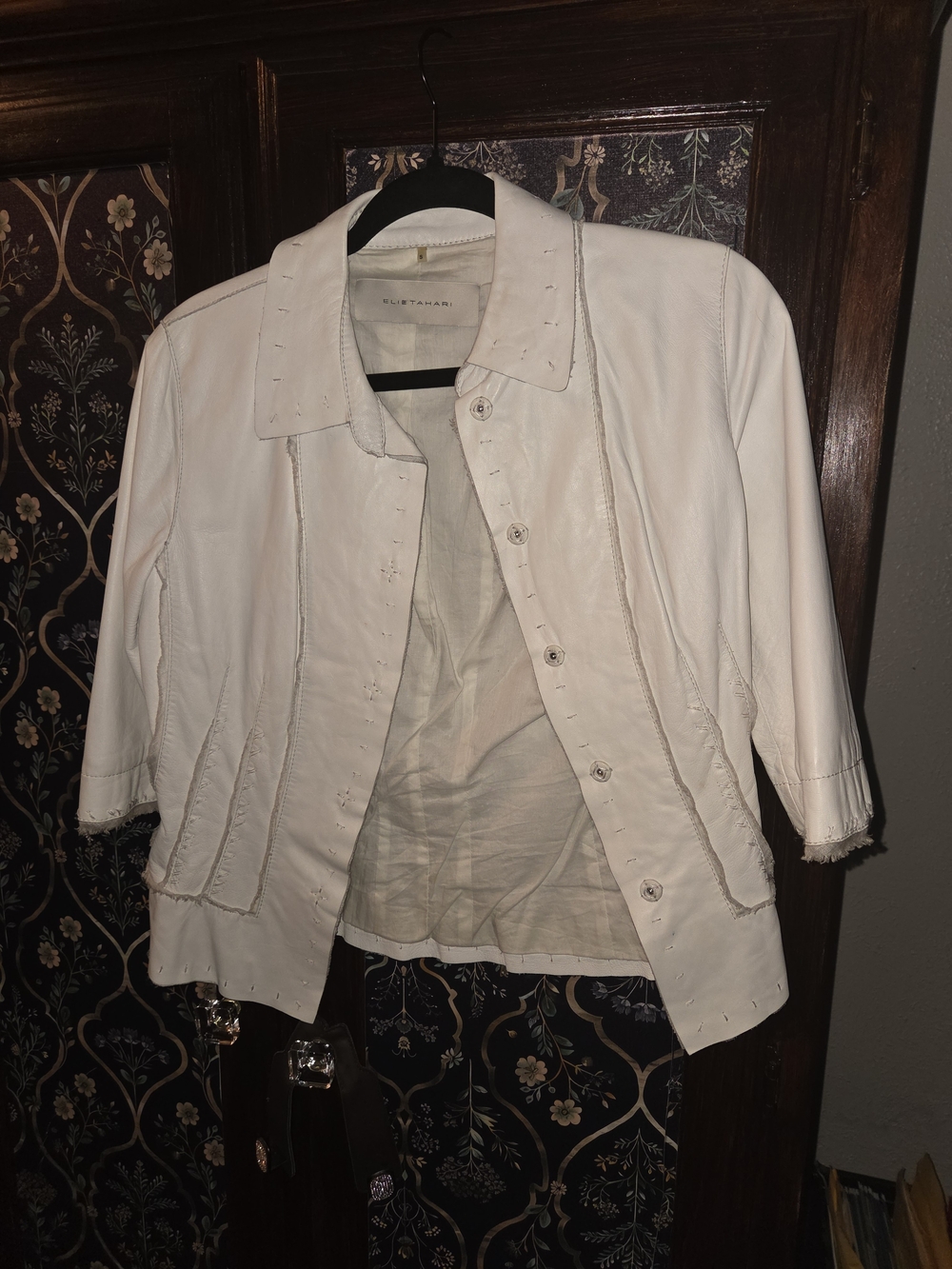 Elie Tahari Cream Leather Button-Front Blazer Jacket